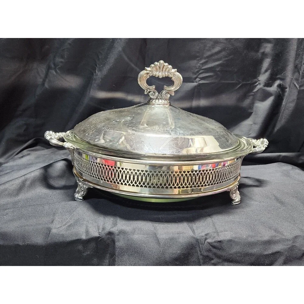 Vtg PYREX 3 Qt (026) Clear Round Glass Casserole with Lid w/Silver Metal Holder